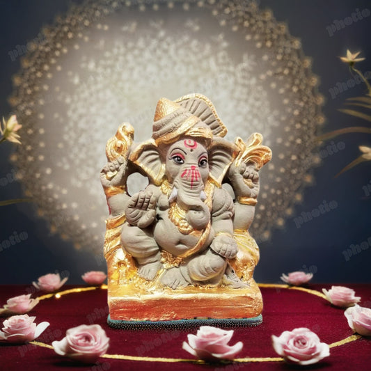(6Inch) Eco Friendly Ganesh Idol Medium Size | Biodegradable Clay Ganpati Murti Clay and Golden Color