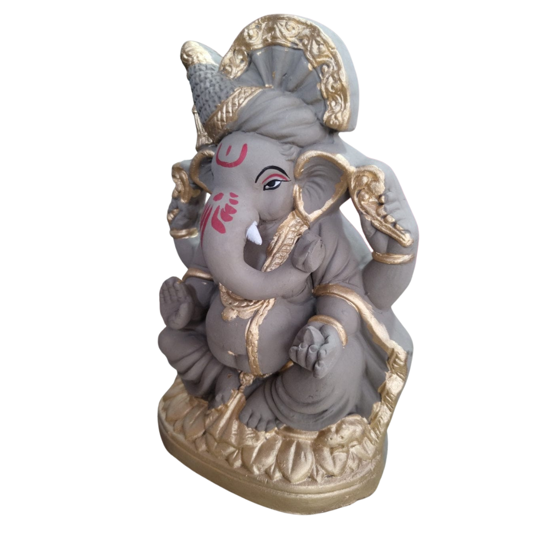 (8 Inch) Ganesh Idol Medium Size | Biodegradable Clay Ganpati Murti Clay and Golden Color