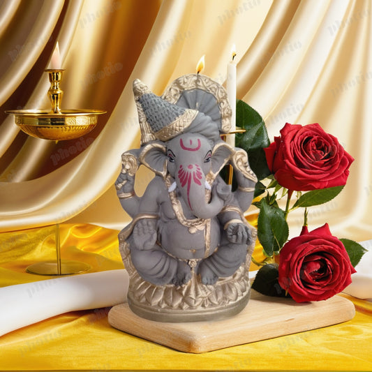 (8 Inch) Ganesh Idol Medium Size | Biodegradable Clay Ganpati Murti Clay and Golden Color