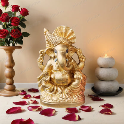 (8 Inch) Golden Ganpati Idol | Eco Friendly Ganesha Murti for Home