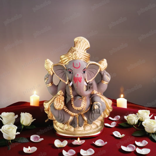 (8 Inch) Handcrafted Ganesh Statue Medium Size | Biodegradable Shadu Mati Murti Clay and Golden Color